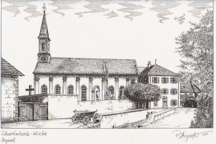 Historische Ansicht der Wallfahrtkirche in Schmerlenbach (Radierung) Historische Radierung der Wallfahrtkirche in Schmerlenbach